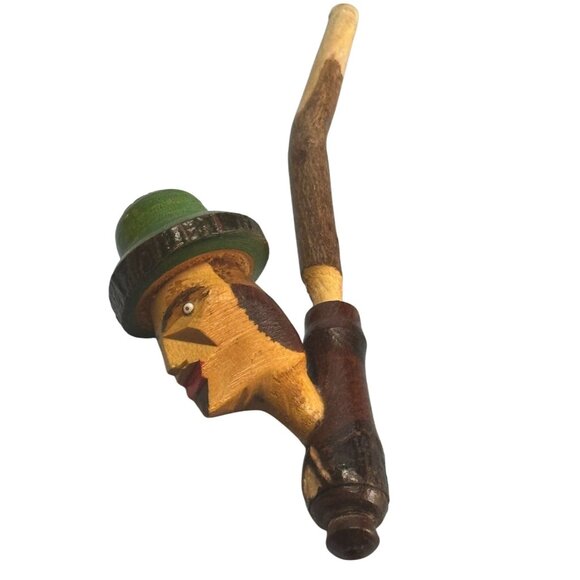 Hand-Carved Italian Character Pipe Wood Green Yellow Mid Century Decorative - Picture 4 of 5